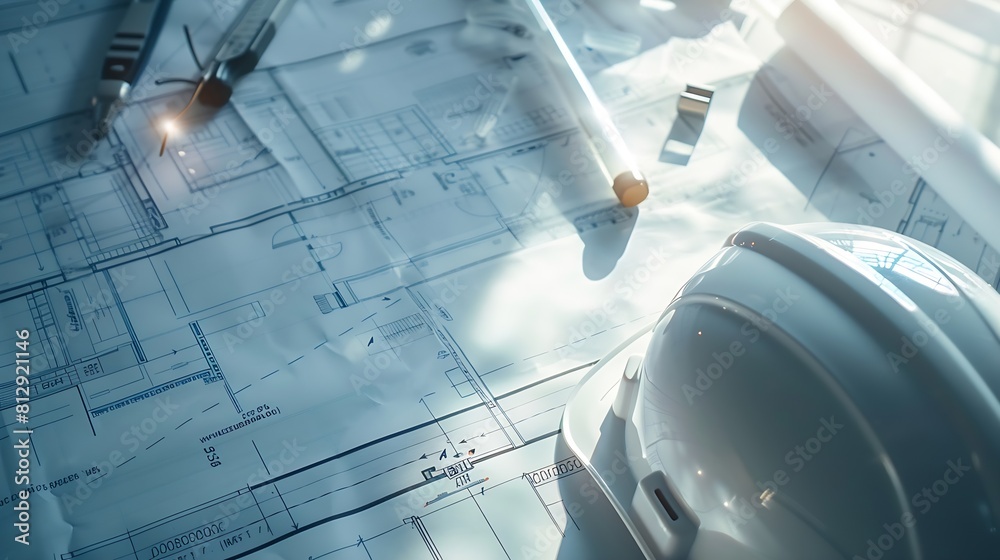 Leinwandbilder Architectural designed building blueprint layout and engineer tool for designing blueprint with contractor project document on engineer workspace table in office with safety helmet or  : Generative AI