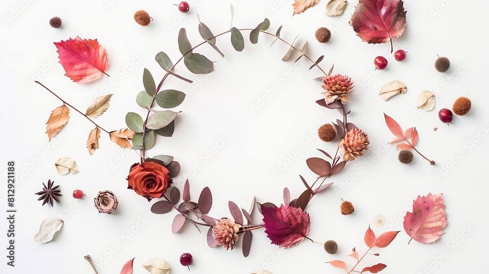 Poster autumn composition wreath made of eucalyptus branches rose flowers dried leaves on white background 