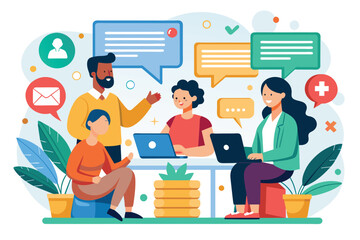 A diverse group of individuals sitting around a table, focused on their laptops and engaged in a discussion, Discussion Customizable Flat Illustration