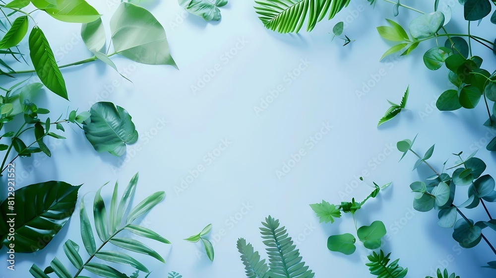 Poster creative layout of green leaves various wild plants on blue and white empty round frame copy space s