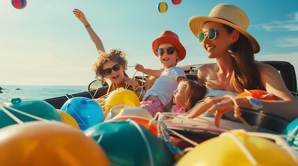 A joyful family in a convertible car goes on holiday to the sea Children have colorful buoys and landing nets Focus on the mother : Generative AI