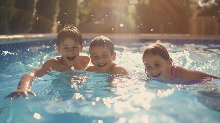 Three happy children  playing on the swimming pool at the day time Concept of friendly family : Generative AI