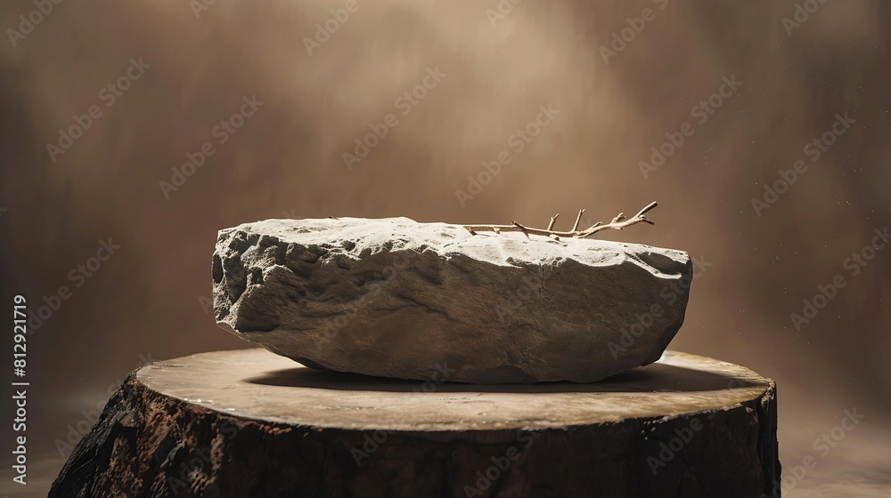 Poster empty stone podium with lights and shadows on brown background minimal backdrop round natural rock a