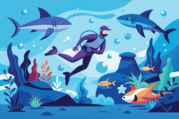 A man is scuba diving in the ocean, surrounded by a school of fish, Diving with sharks Customizable Semi Flat Illustration