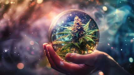 A hand holding a glass with a cannabis in it with galaxy background