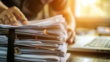 Pile of presentation brochure document concept  Businessman hands working in business Documents on Stacks Brochures papers files for checking achieves reports on busy work computer des : Generative AI