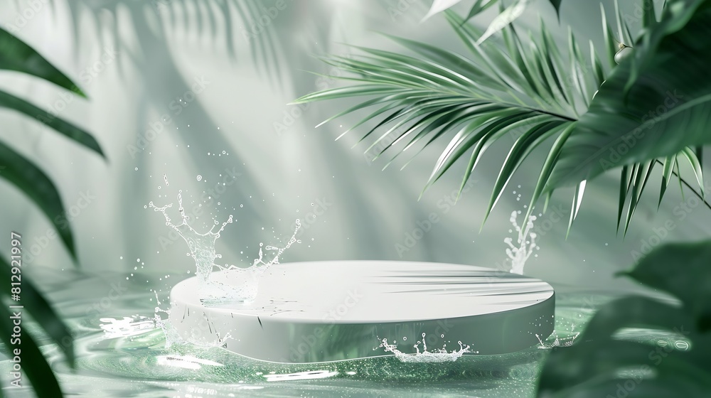 Poster round empty podium and tropical leaves in water with waves splashes for presentation of natural cosm