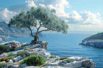 A lone olive tree standing sentinel on a rocky cliff overlooking the vast ocean, its silvery leaves contrasting with the deep purple olives clinging to its branches. - Powered by Adobe