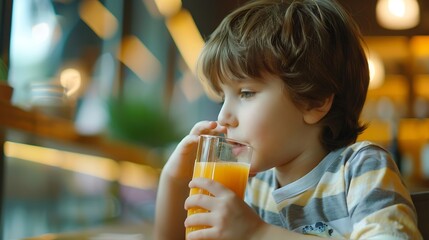 Side view of thoughtful cute boy drinking mango juice from glass and looking away seriously while sitting at table in cafe during summer vacation : Generative AI - Powered by Adobe