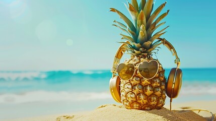 Ripe attractive pineapple in stylish sunglasses heart shape and gold headphones on sand against...