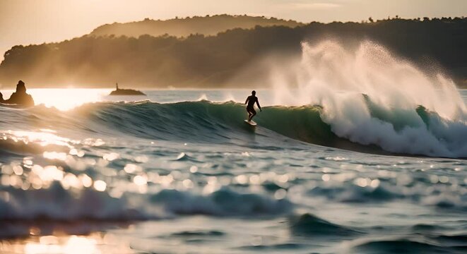 Man surfing a wave in the sea.