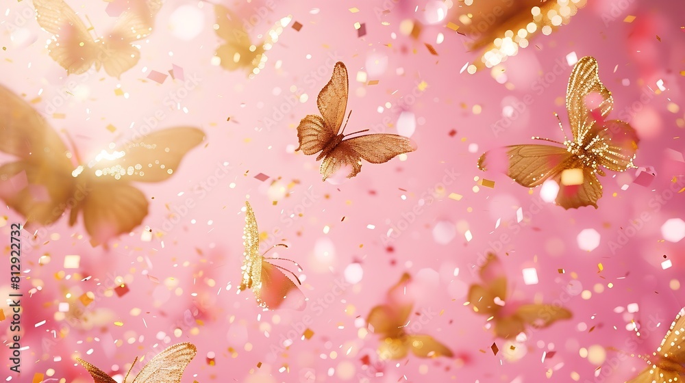 Aufkleber Festive background made with gold tracery illuminating butterflies and with shiny confetti on pink Holiday concept Top view Template for your design : Generative AI