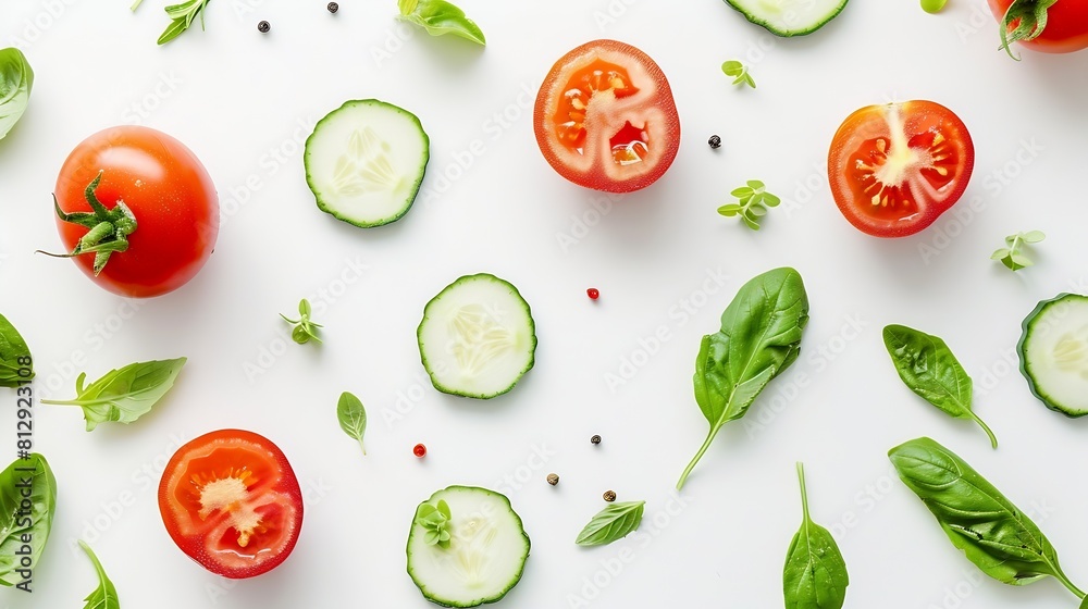 Poster creative layout made of tomato cucumber and salad leaves on the white background flat lay food conce