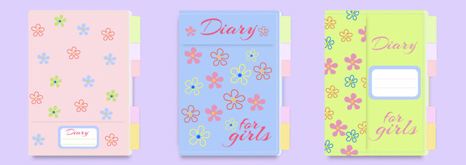 Children's diary cover template for girls with daisies. Set of title page designs for school notebooks, notepads, children's diaries, coloring books. Education concept.