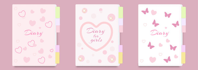 Children's diary cover template for girls with hearts, butterflies and rhinestones on a pink background. Set of title page designs for school notebooks, notepads, children's diaries, coloring books. 