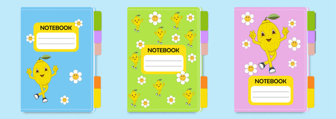 Children's notebook cover template. Set of title page designs with cute daisies and lemon character in groovy style.Vector cartoon for school notebooks, notepads, children's diaries, coloring books