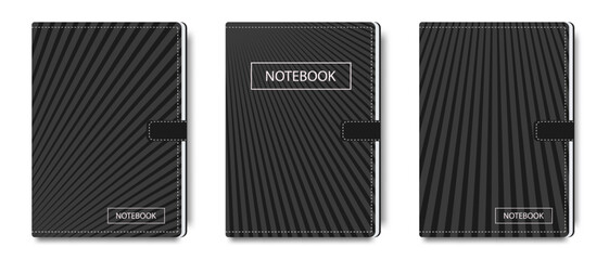 Set of vector notepads with geometric design in black and gray colors. Abstract notebook cover page template for business and school. Stationery. Education concept.