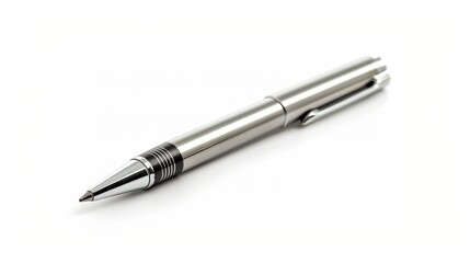 A metal pen is isolated on a white background, showcasing its sleek design and elegant appearance.