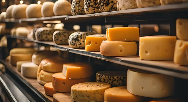 Assortment of cheeses in a cheese shop.