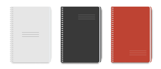 Set of vector notepads with metal spiral. White, black, red notepad design for business and school. Stationery items. Education concept.