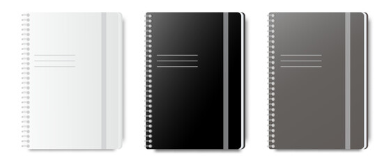 Vector realistic set of notepad templates, white, gray, black closed blank notepad isolated on white background. Design of notebook with eraser for layout, printing, logo and other stationery.