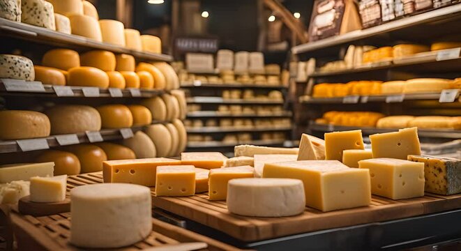 Assortment of cheeses in a cheese shop.