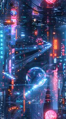 Explore uncharted territories with a rear view of a futuristic cityscape enveloped in neon lights