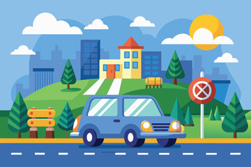 A blue car maneuvers down a street, passing by a prominent no parking sign, Driving school Customizable Semi Flat Illustration
