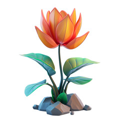 3D rendering of a stylized flower with bright petals and green leaves isolated on a transparent background.