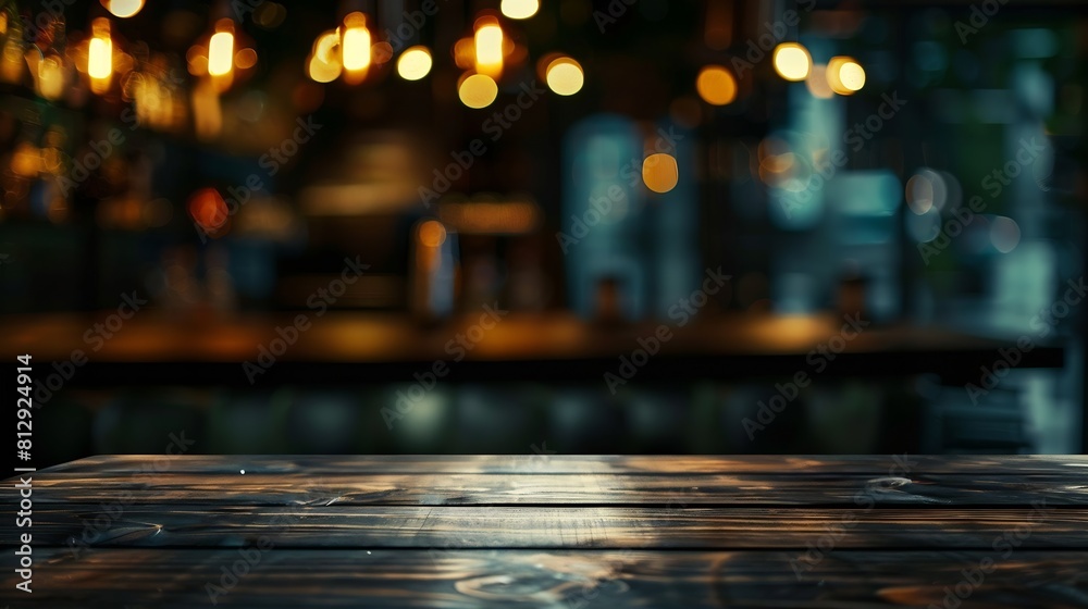 Aufkleber Empty dark wooden table in front of restaurant abstract blurred bokeh background can be used to demonstrate or mount your products Layout for space : Generative AI