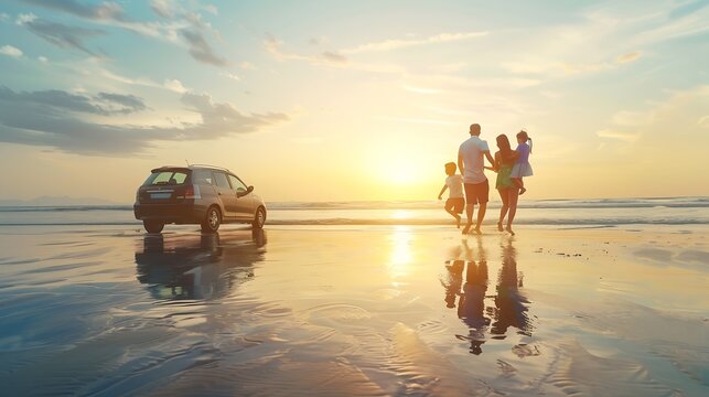 Family vacation holiday Happy family running on the beach in the sunsetParents were holding their children and watching the sunset behind the car : Generative AI