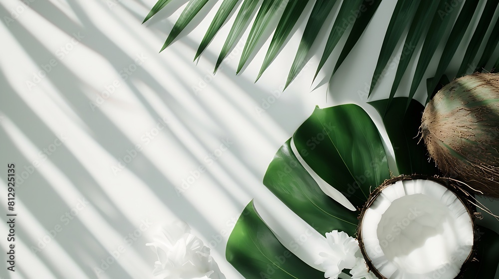Poster fresh coconut and palm leaf creative layout isolated on white background food healthy eating and die
