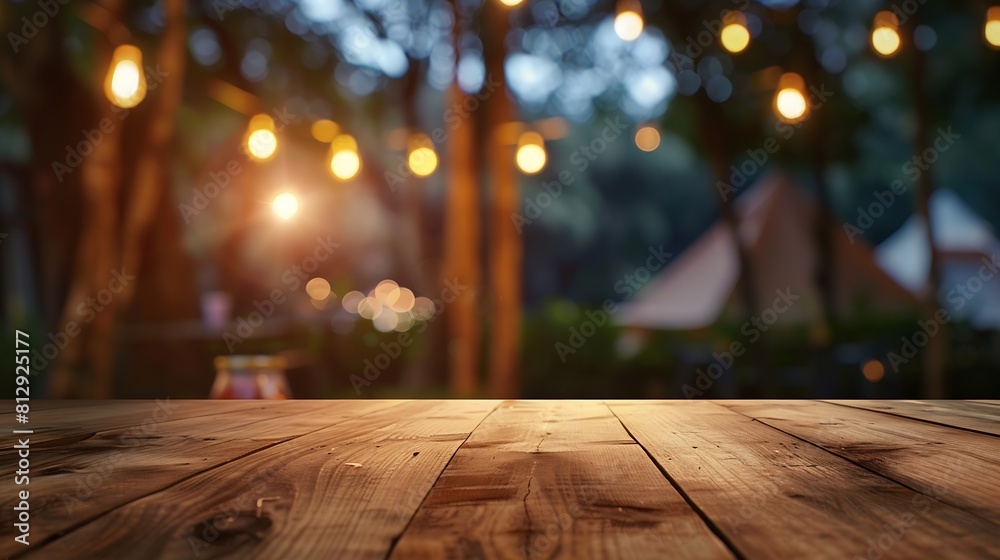 Poster wooden table top on blur tent camping travel tent at nightdrink and party conceptfor montage product