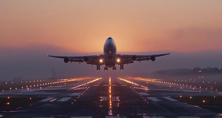 Portrait of a jumbo jet taking off from an airport runway in the night with lights in the background