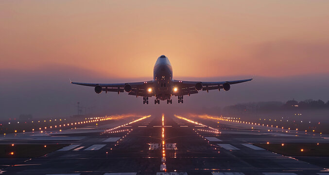 Portrait of a jumbo jet taking off from an airport runway in the night with lights in the background
