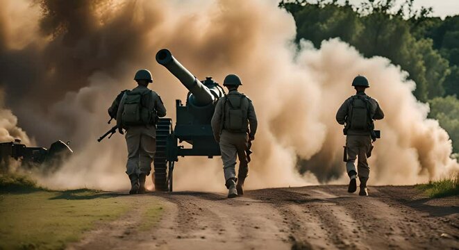 Soldiers with an artillery cannon.