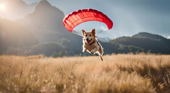 Happy dog with a parachute.