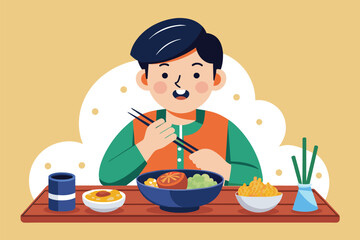 A man sitting at a table, using chopsticks to eat a bowl of noodles, Eating korean food Customizable Flat Illustration