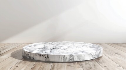 3d marble display podium on wooden floor against white : Generative AI