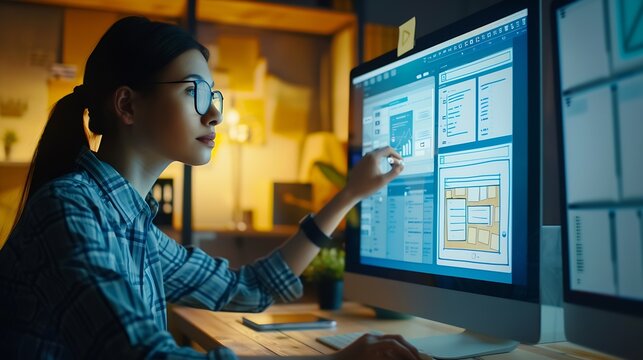 Woman designer create website design wireframe Sketch prototype framework layout future design project UI and UX  user interface user experience designer Creative concept for web desig : Generative AI