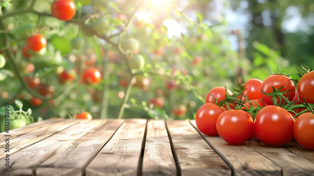 Aufkleber Wooden table top on blur tomato field background in daytimeHarvest tomato or fruit juice
 For montage product display or design key visual layoutView of copy space : Generative AI