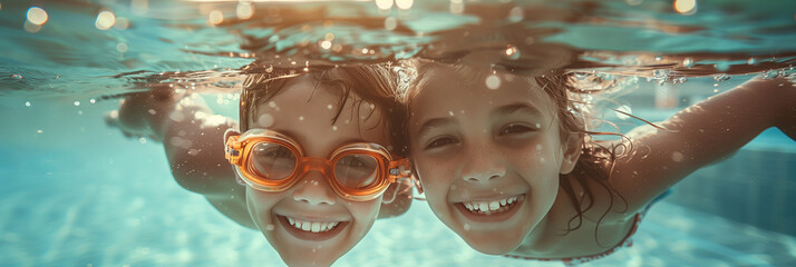 Caucasian boy and girl are having fun diving in the swimming pool.