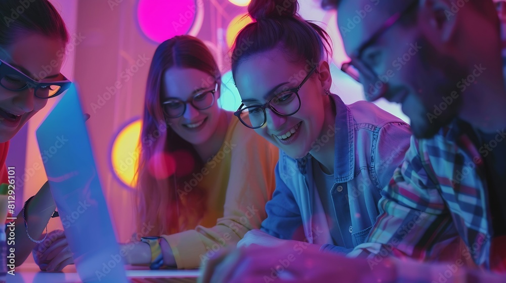 Poster Office laptop diversity teamwork and happy people review media application layout creative design or research project Collaboration designer or professional team working on app develop : Generative AI