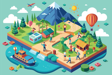 Small island with people and boat in the water, part of an ecotourism scene, Ecotourism Customizable Isometric Illustration