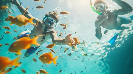 Fototapeta na wymiar Happy family father mother child in snorkeling mask dive underwater with tropical fishes in coral reef sea pool Travel lifestyle water sport adventure swimming on summer beach holiday : Generative AI