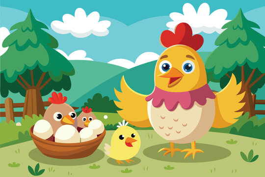A chicken and her chicks are standing in the grass, Eggs and chicken Customizable Cartoon Illustration