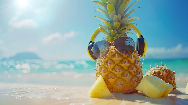 PinePineapple with sunglasses and headphones at tropical beach  Holiday Vacation Concept : Generative AI