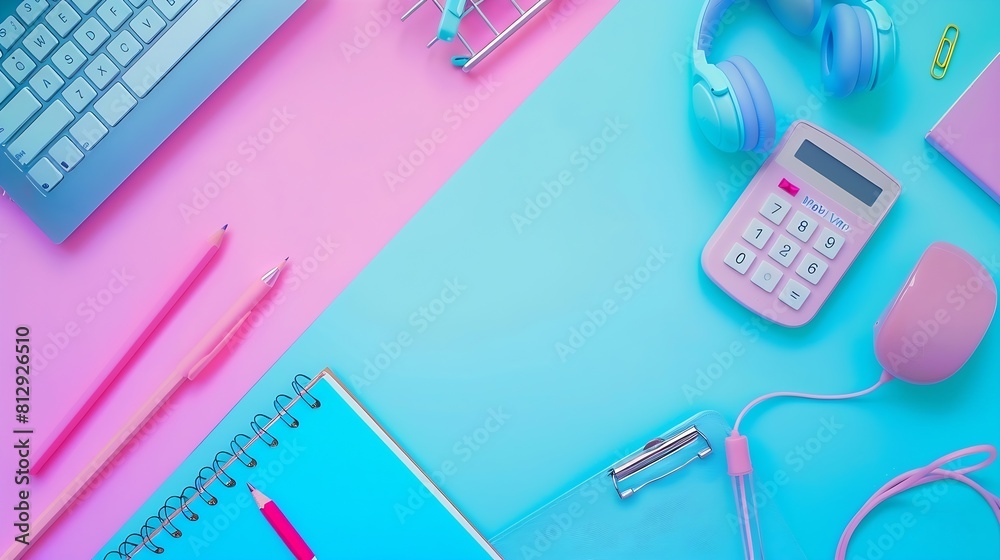 Poster Office table desk with copy space calculator pencil paper ball earphone keyboard and office accessories on colorful background business and office supplies flat lay concept : Generative AI