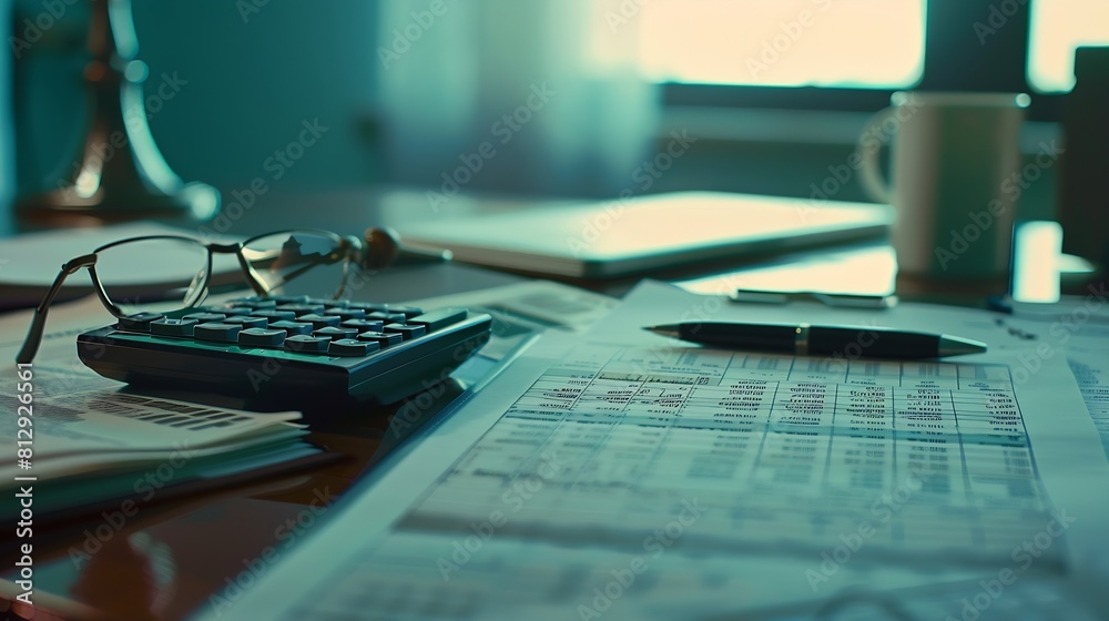 Poster desk of bookkeeper with balance sheet and calculator on desk focused on eyeglass nobody : generative