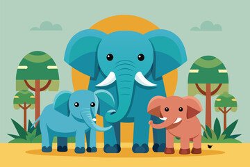 A group of elephants standing closely next to each other, Elephant family Customizable Flat Illustration